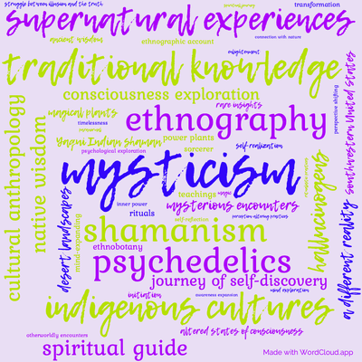 Word cloud of the book The Teachings of Don Juan with 48 words like mysticism, shamanism and ethnography.