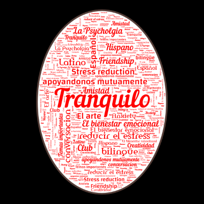 Word cloud in a Vertical Oval shape with 18 words like Tranquilo, apoyandonos mutuamente and Amistad.