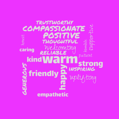 Word cloud with 20 words like warm, welcoming and happy.