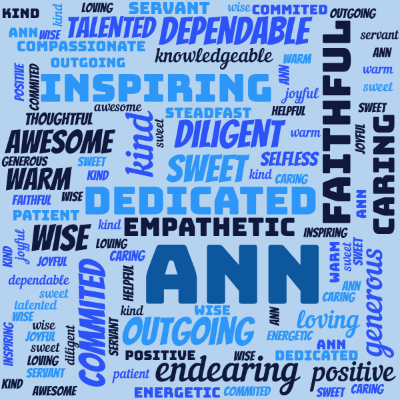 Word cloud with 31 words like Ann, Caring and warm.
