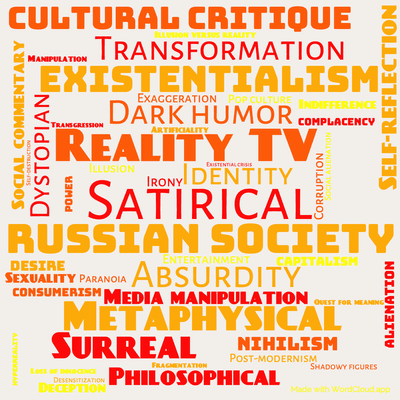 Word cloud of the book SNUFF with 47 words like Satirical, Russian society and Reality TV.