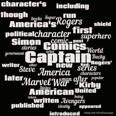 Word cloud with 50 words like Captain, America and Comics.