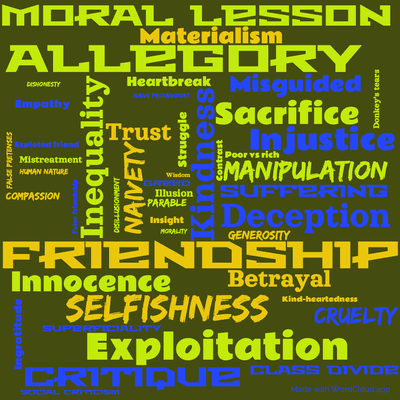 Word cloud of the book The Devoted Friend with 47 words like Friendship, Kindness and Selfishness.