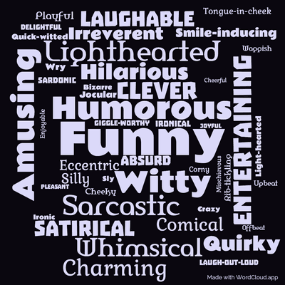 Word cloud of the book The Best American Humorous Short Stories with 46 words like Funny, Humorous and Entertaining.