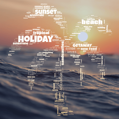 Word cloud in a personalized custom shape featuring 16 words such as holiday, sunset, ocean.