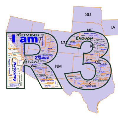 Word cloud in the shape of the text R3 with 24 words like Brave, Enough and Awesome.