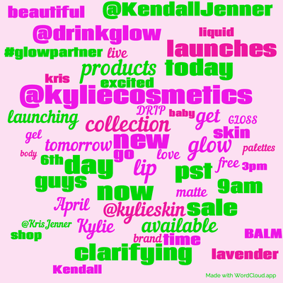 Word cloud with 50 words like @kyliecosmetics, new and collection.