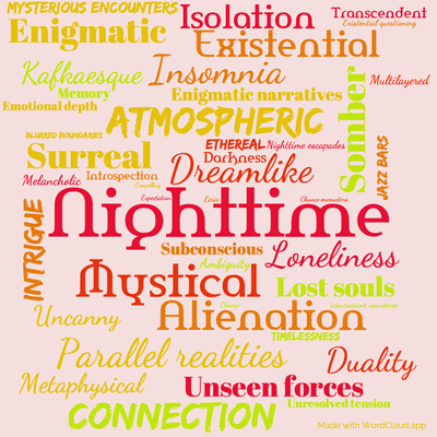 Word cloud of the book After Dark with 45 words like Nighttime , Mystical and Dreamlike .