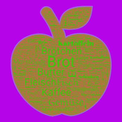 Word cloud in an Apple shape with 17 words like Brot, Brötchen and Butter.