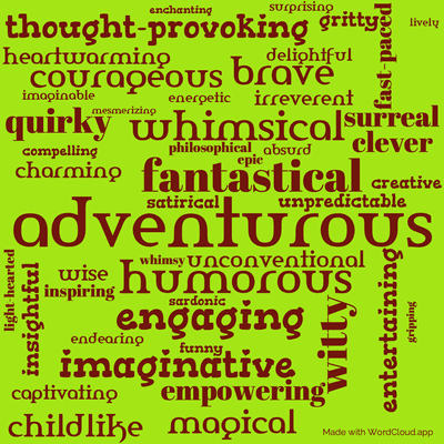 Word cloud of the book The Wee Free Men by Terry Pratchett with 47 words like adventurous, humorous and fantastical.