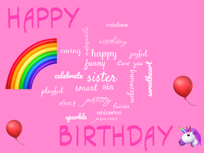 Word cloud with 22 words like sister, sis and smart.