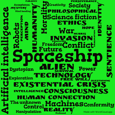 Word cloud of the book Mr. Spaceship with 47 words like Spaceship, Alien and Artificial intelligence.