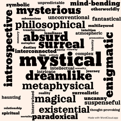 Word cloud of the book Kafka on the Shore with 49 words like mystical, surreal and dreamlike.