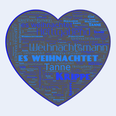 Word cloud in a Heart shape with 5 words like es weihnachtet, Weihnachtsmann and Tanne.