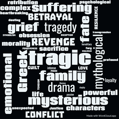 Word cloud of the book The Electra of Euripides by Euripides with 46 words like tragic, mythological and revenge.