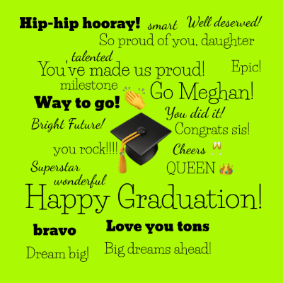 Collaborative word cloud with 34 words like 🎓, Happy Graduation! and 👏.