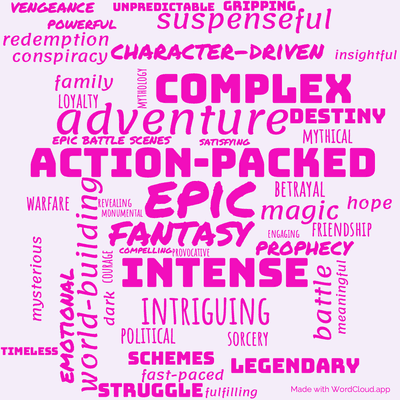 Word cloud of the book Towers of Midnight with 49 words like epic, fantasy and action-packed.