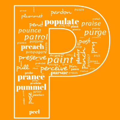 Word cloud in the shape of the letter P with 71 words like perform, push and propose.