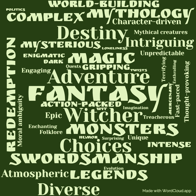 Word cloud of the book The Last Wish by Andrzej Sapkowski with 46 words like Fantasy, Witcher and Adventure.