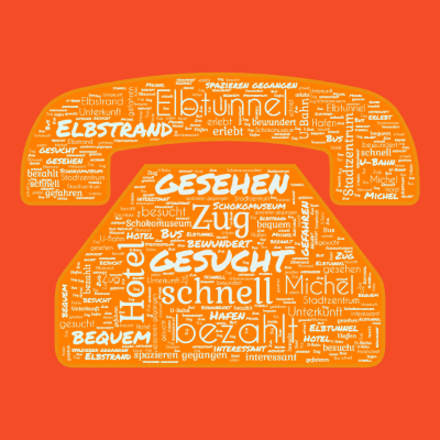 Word cloud in a Phone shape with 22 words like Schokomuseum, Michel and Hotel.