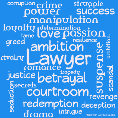 Word cloud of the book Rage Of Angels with 31 words like Lawyer, ambition and betrayal.