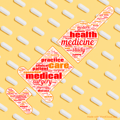 Word cloud with 50 words like medicine, medical and care.