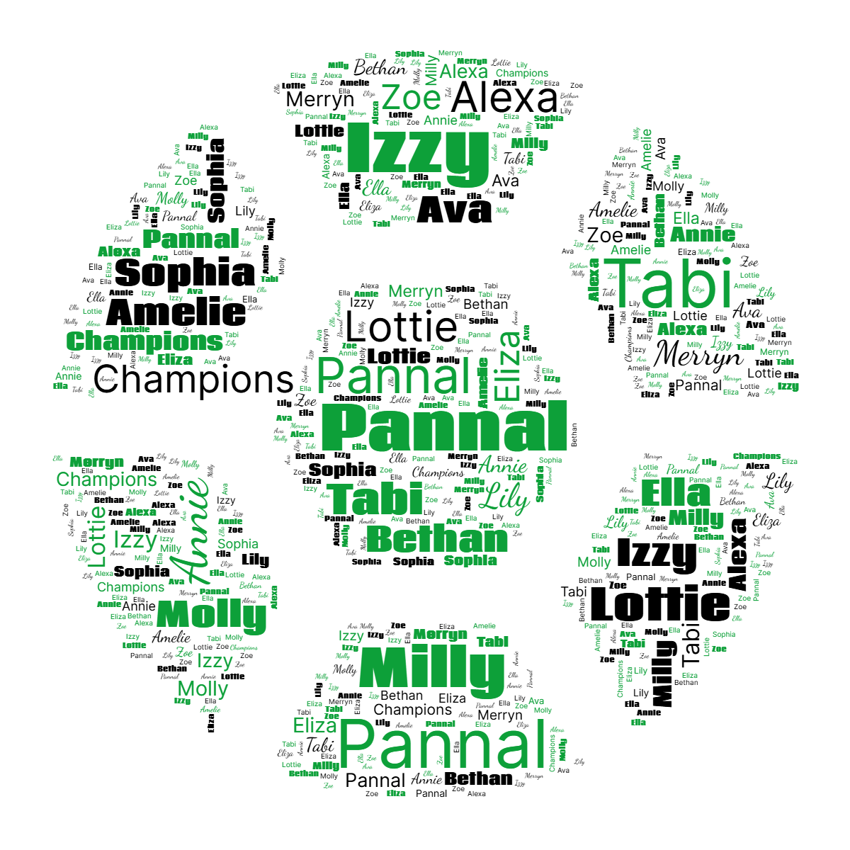 Word cloud in a Football shape with 18 words like Pannal, Tabi and Izzy in green, black and white.