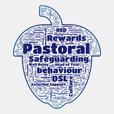 Word cloud in an Acorn shape with 49 words like Pastoral, Safeguarding and behaviour.