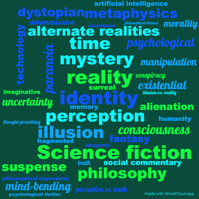 Word cloud of the book Mary And The Giant with 41 words like Science fiction, identity and reality.