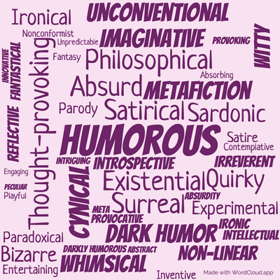 Word cloud of the book God Bless You, Dr Kevorkian with 47 words like Humorous, Satirical and Existential.