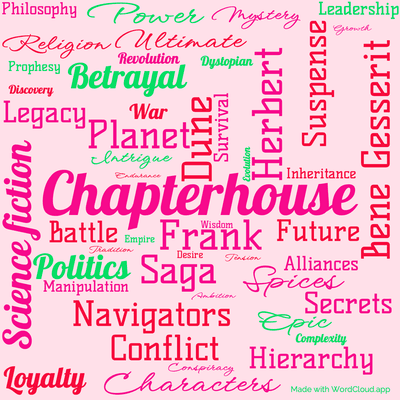Word cloud of the book Chapterhouse Dune by Frank Herbert with 49 words like Chapterhouse, Dune and Frank.