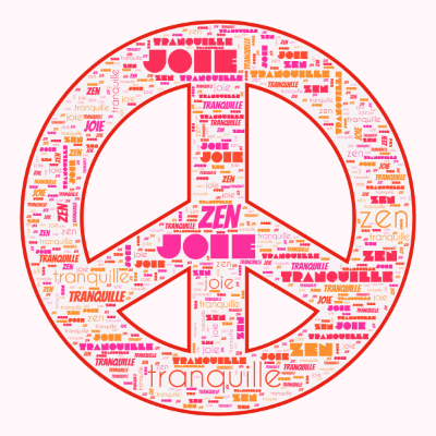 Word cloud in a Peace shape with 3 words like joie, zen and tranquille.