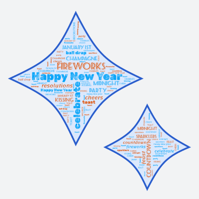 Word cloud in a Star shape with 15 words like Happy New Year, celebrate and fireworks.