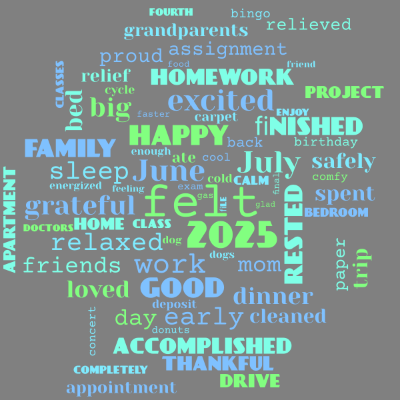 Word cloud with 73 words like felt, 2025 and July.
