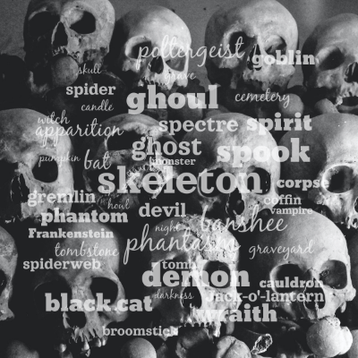 Word cloud with 40 words like skeleton, ghost and phantasm.