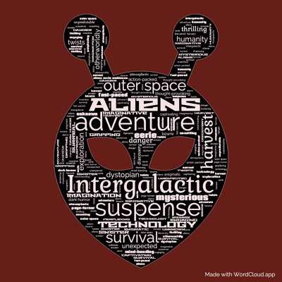 Word cloud of the book Alien Harvest with 41 words like Intergalactic, adventure and suspense.
