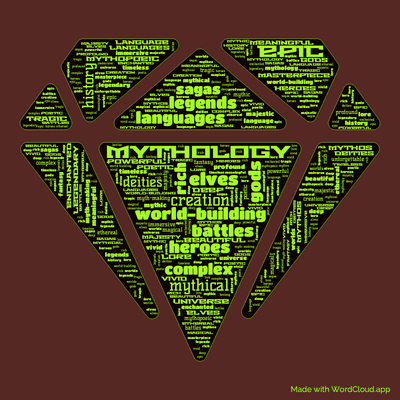 Word cloud of the book The Silmarillion with 43 words like mythology, creation and elves.