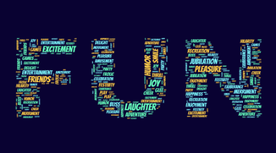 Word cloud in the shape of the word FUN with 28 words like Happiness, Joy and Laughter.