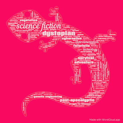 Word cloud of the book Return to Eden by Harry Harrison with 46 words like science fiction, dystopian and post-apocalyptic.