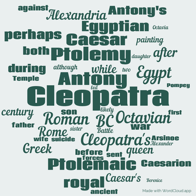 Word cloud with 50 words like Cleopatra, Antony and BC.