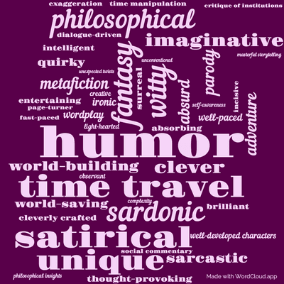 Word cloud of the book Thief of Time by Terry Pratchett with 46 words like humor, fantasy and time travel.