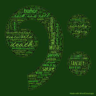 Word cloud of the book Soul Music by Terry Pratchett with 48 words like death, music and fantasy.