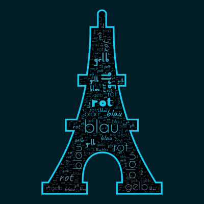 Word cloud in an Eiffel Tower shape with 3 words like rot, blau and gelb.