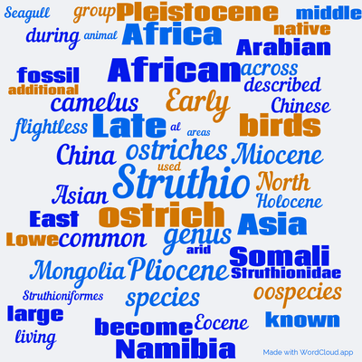 Word cloud with 50 words like Struthio, ostrich and ostriches.
