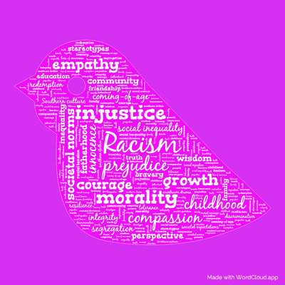 Word cloud of the book To Kill a Mockingbird by Harper Lee with 39 words like Racism, prejudice and injustice.
