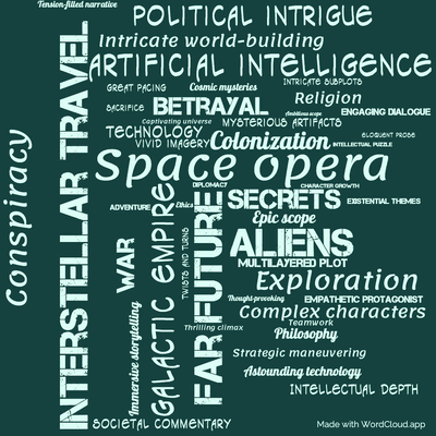 Word cloud of the book The Algebraist with 47 words like Space opera, Interstellar travel and Far future.