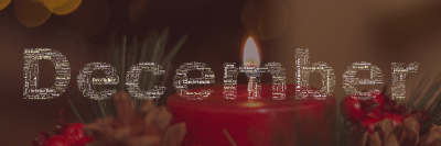 Word cloud in the shape of the word December with 18 words like Christmas, December and presents.