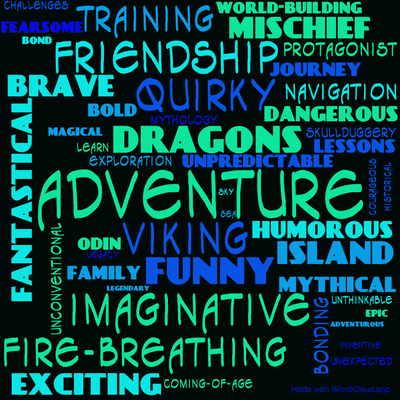 Word cloud of the book How to Train Your Viking by Cressida Cowell with 48 words like adventure, Viking and dragons.