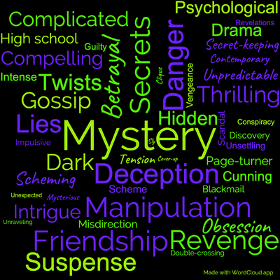 Word cloud of the book Pretty Little Liars. Twisted by Sara Shepard with 48 words like Mystery, Deception and Secrets.