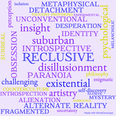 Word cloud of the book The Broken Bubble with 34 words like Reclusive, introspective and disillusionment.